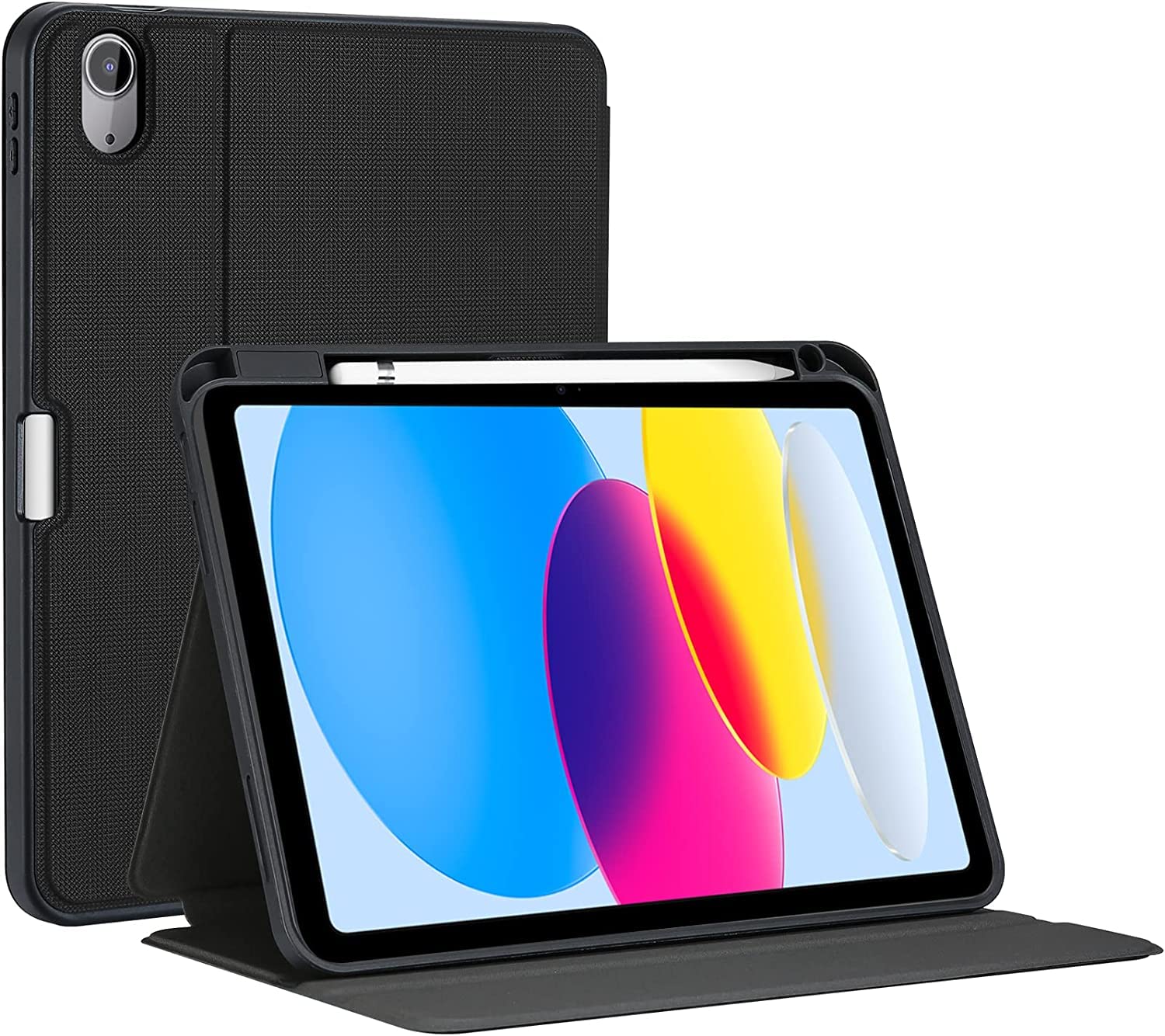 【数量限り】ProCase iPad 10世代ケース 10.9インチ 2022 フォリオカバー 耐衝撃 縦と横にスタンド オートスリープ対応 (ブラック)