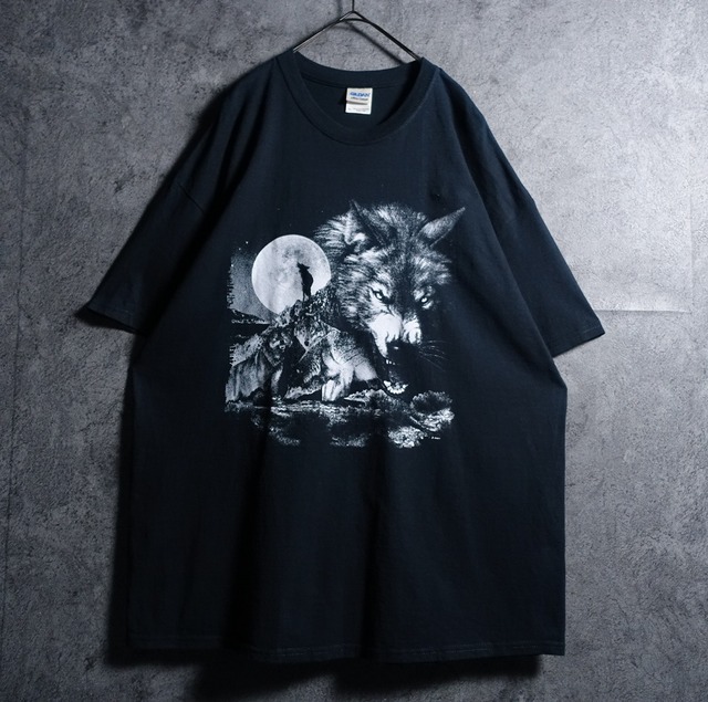 00s “GILDAN”Black Wolf Print Design T-Shirt