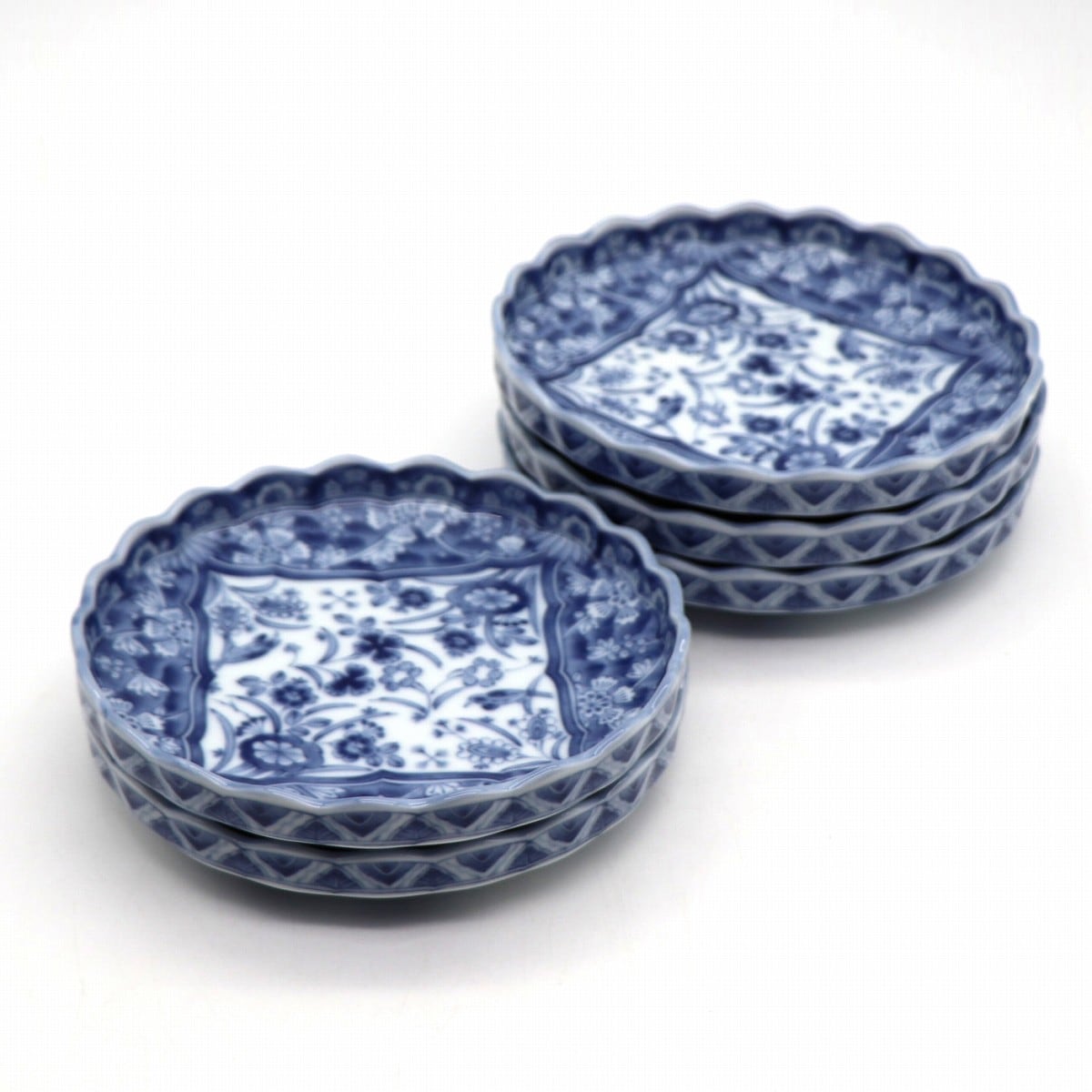 美濃焼・龍峰窯・染付更紗中皿揃・花風流・和食器・No.210410-016 