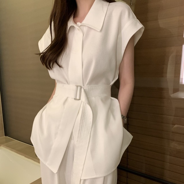 セットアップ ベルト付き シャツ ロングパンツ 2点セット 上下セット レディース トップス パンツ ボトムス スーツ ロング フレンチスリーブ 襟付き ストレート タック ベルト ウエストマーク ポケット ハイウエスト 前開き センタープレス かわいい 大人可愛い きれいめ シンプル カジュアル 上品 おしゃれ 無地 春 夏 秋 ママ オフィス 通勤 学生 学校 通学 デート お出かけ 旅行 女子会 休日 体型カバー 普段使い 着回し ゆったり フリーサイズ 白 ホワイト 黒 ブラック グレーカーキ