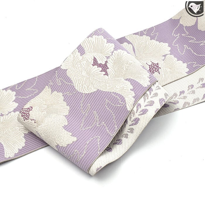 半幅帯]博多織 老舗 協和織工場 謹製 白牡丹 両面柄 正絹 日本製(商品