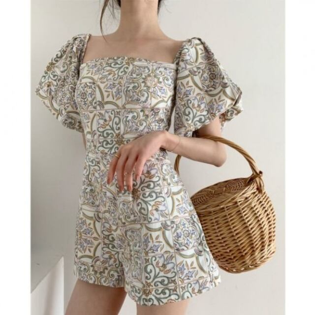 サロペット レディース 総柄 ショート丈 オールインワン オフショルダー パフスリーブ 2way おしゃれ サイズ展開豊富 S/M/L/XL/2XL