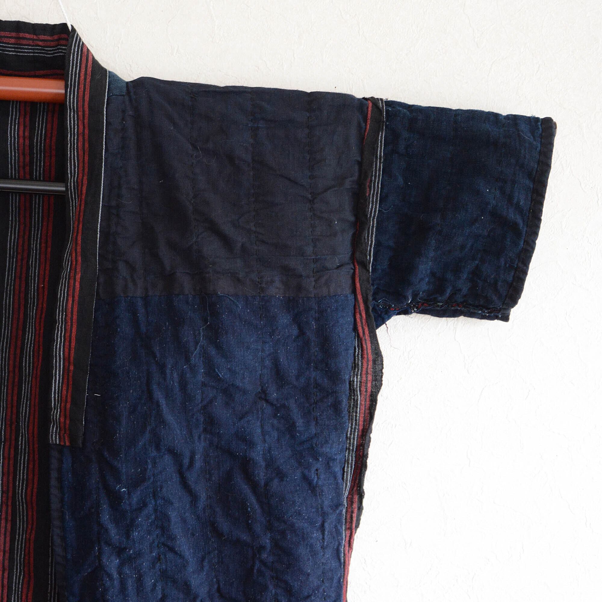 野良着 荒刺し子 藍染 クレイジーパターン 会津木綿 着物 古布 縞模様