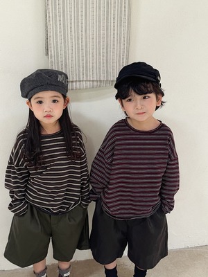 細ボーダートップス（2色展開）JIAY｜トップス ドロップショルダー｜小学生 ジュニア対応｜通学 普段着｜韓国子供服｜男の子 女の子｜80-140cm｜2026秋服 ［取寄］