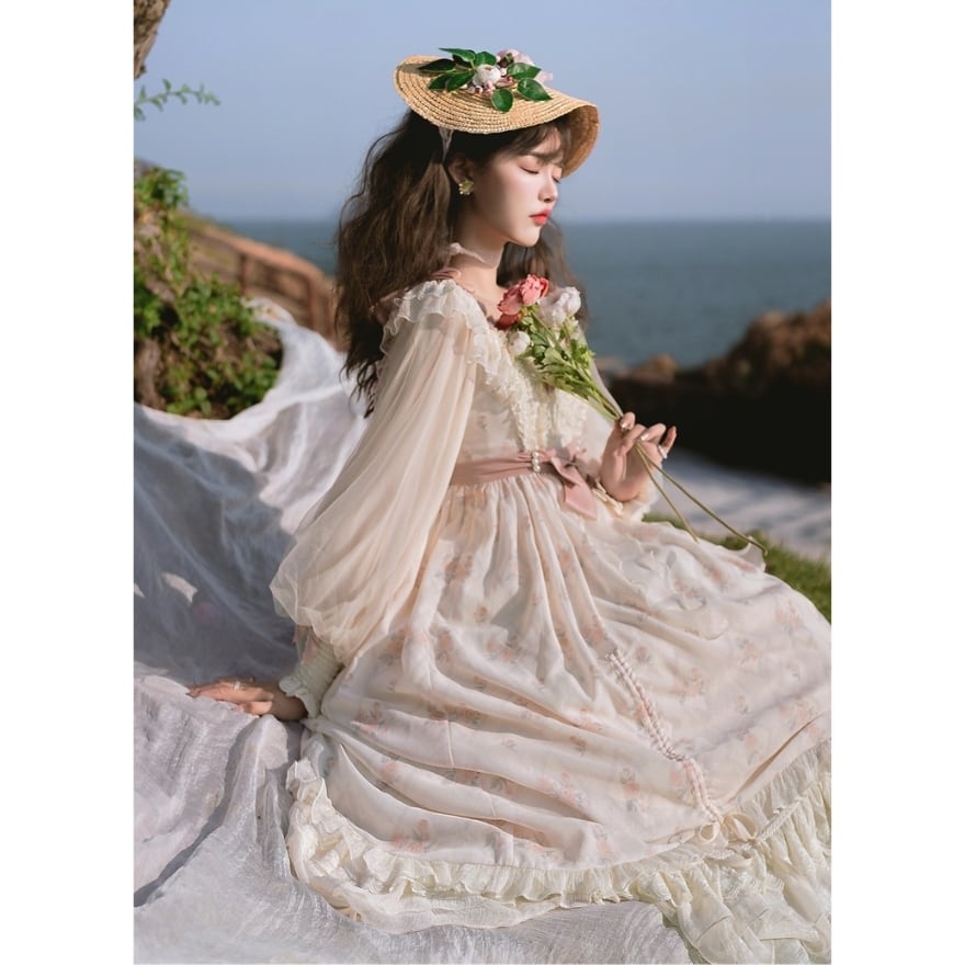 SEASONZ スイートロリータ ドレス 長袖 パフスリーブ レース リボン