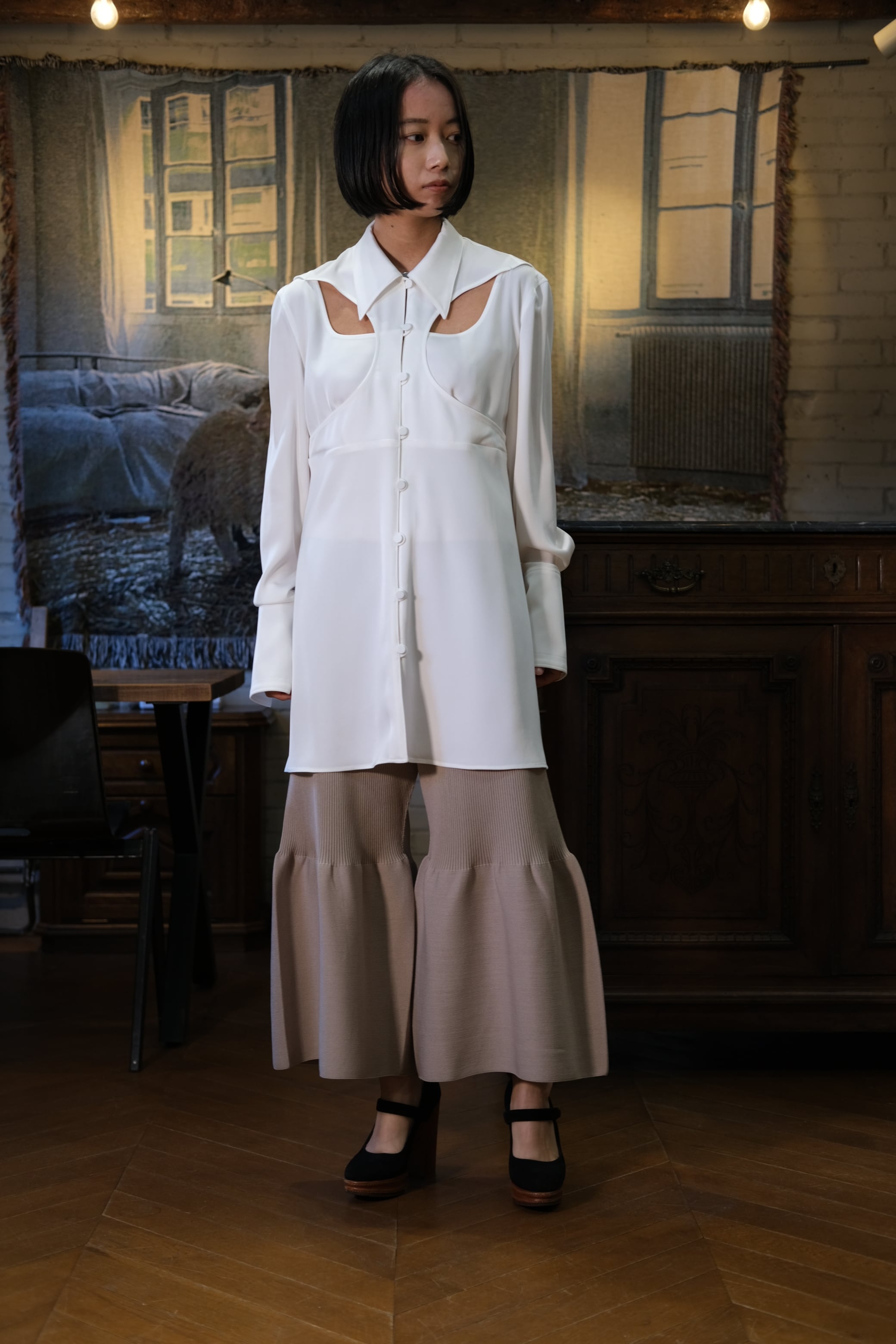 FETICO】CUTOUT SATIN SHIRT - white | loop