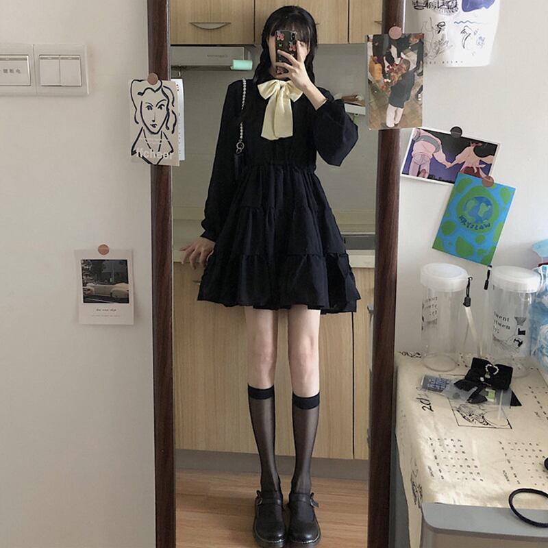 ドレス ブラックスプリングオータム長袖スリーブスカート ロング 大人ガーリー スウィート キュート カジュアル 春物 秋物 萌量不足197842666