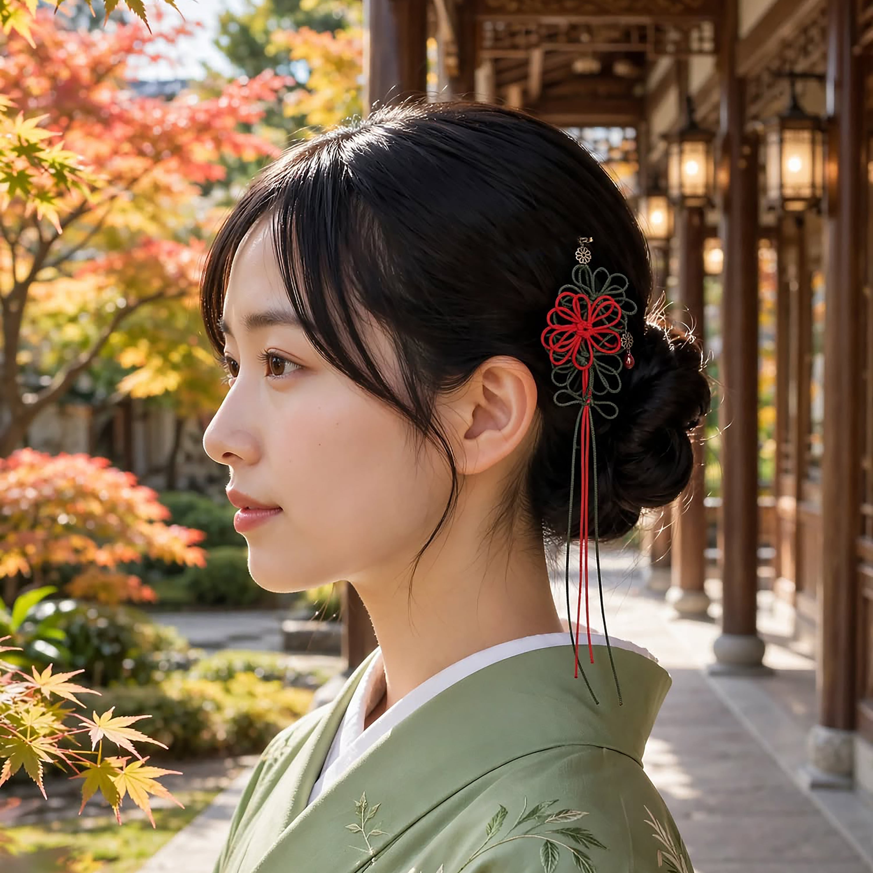 飾り結びヘアピン「陽の艶、日々に」(朱×深緑)【軽量快適】ショートヘアも簡単和風アレンジ。