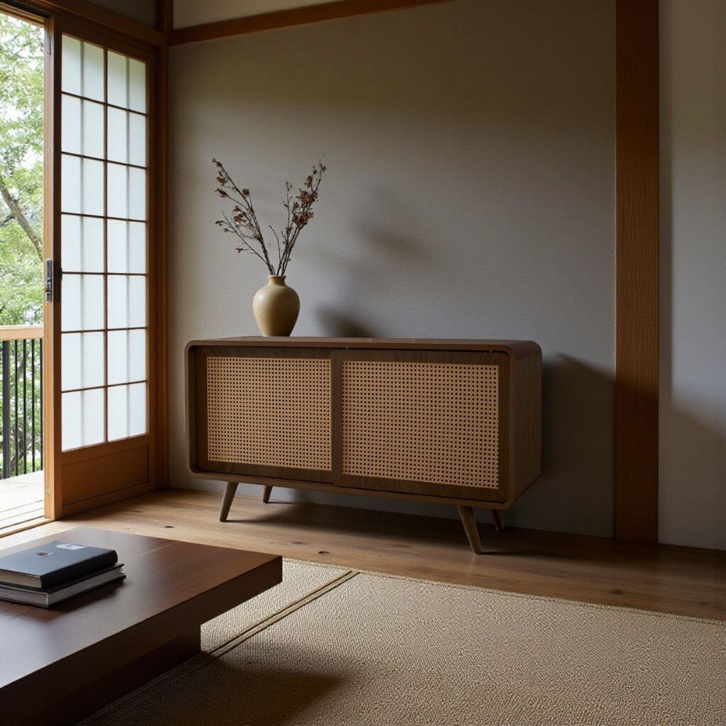 Rattan Cabinet Slide Door Brown / ラタンキャビネット 引き戸仕様