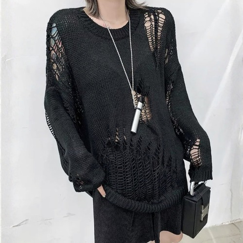 Distressed openwork long knit C1631