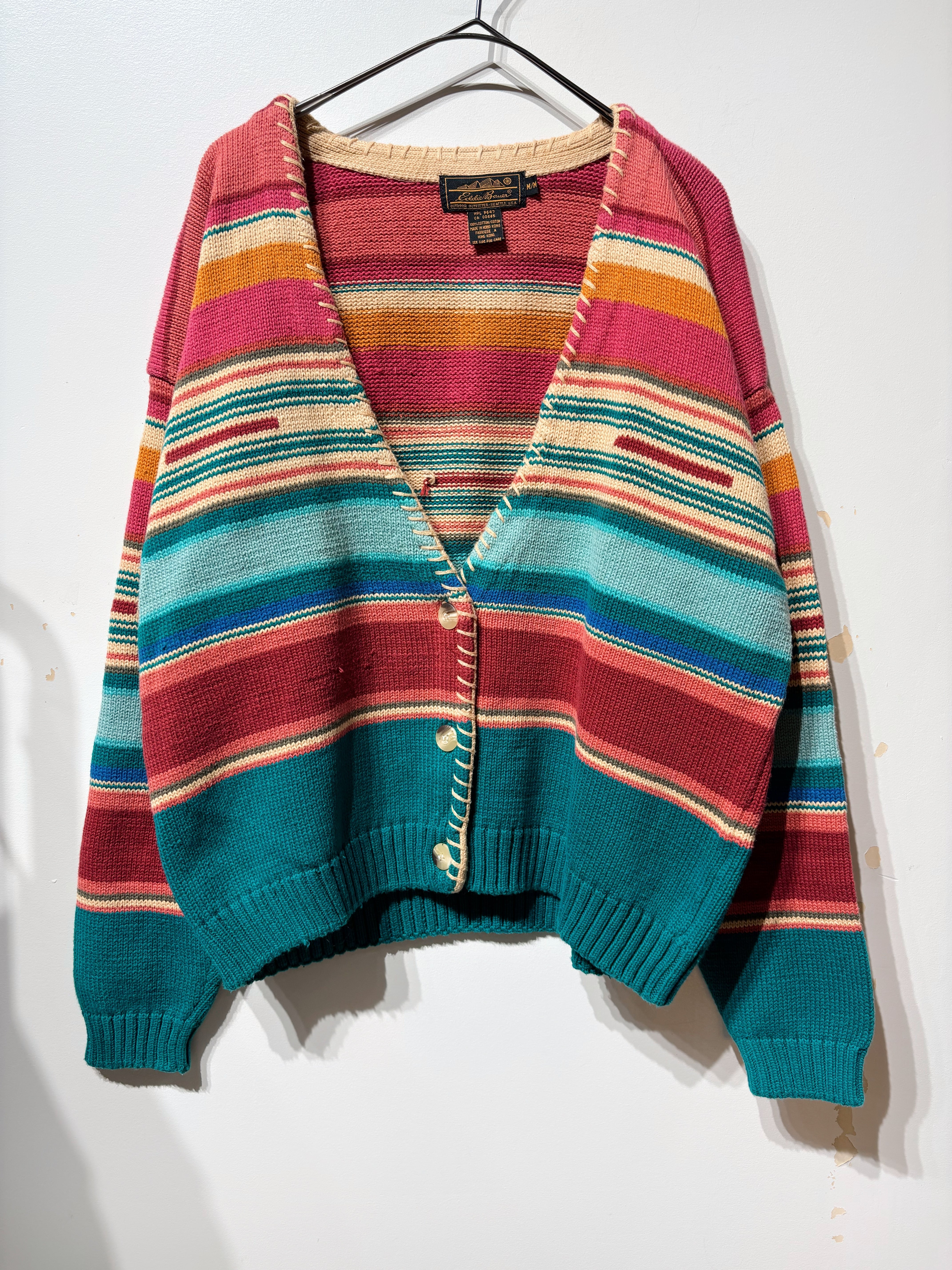 (KN754)80’s OLD Eddie Bauer multi stripe cotton knit cardigan