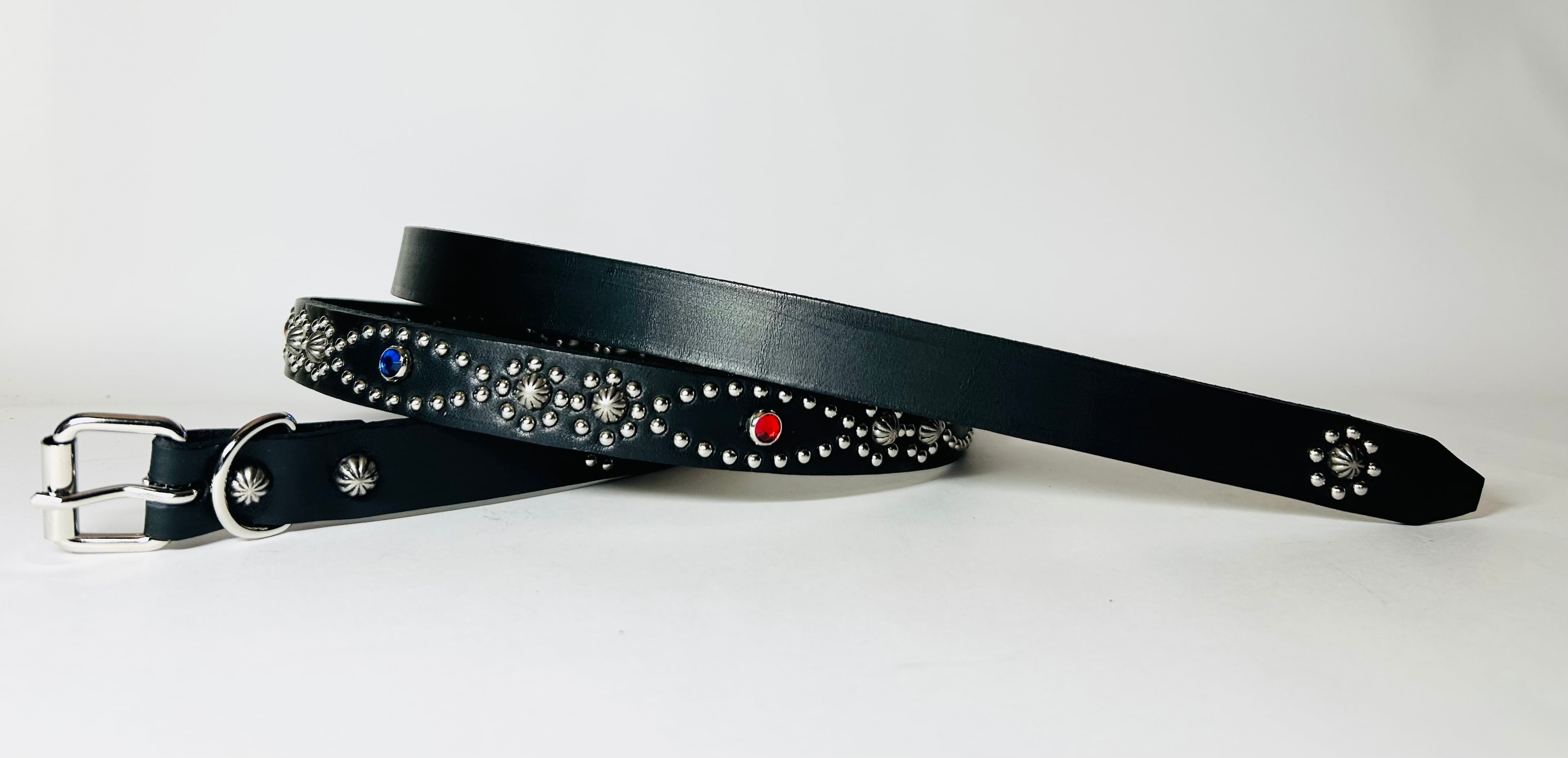 フラワー黒■本革レザーフルスタッズナローベルト☆ブラックダイヤモンドオニキス フラワー黒□本革レザーフルスタッズナローベルト☆ブラック