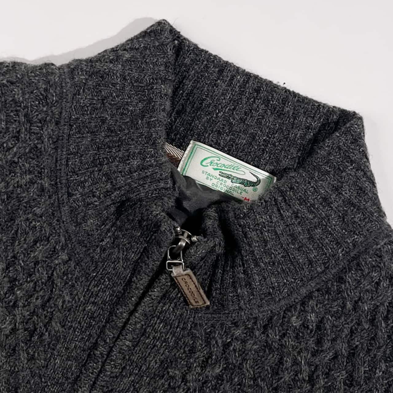 Crocodile クロコダイル フルジップ デザイン 中綿 ウール ニット ジャケット M/ダークグレー系 メンズ