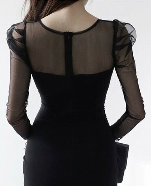 袖シースルー タイト 黒ワンピース ミニ丈 長袖 黒 セクシー ボディコンシャス パフスリーブ 透け感 大きいサイズ Manajily オルチャン 韓国 プチプラレディースファッション