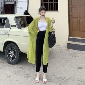 カーディガン ブラウス トップス アウター 送料無料 7色 レディース  襟なし ミモレ丈 ロングスリーブ 透け感 大人可愛い パフスリーブ かわいい きれいめ 大人女子 エレガント 大人 学生 韓国系 お出かけ 外出カジュアル 着回し ファッション デート コーディネート 重ね着 休日 特別な日 お祝い 記念日 カジュアル 普段着 春コーデ おしゃれ シンプル スタイル ゆったり 細見せ 韓国ファッション 長袖 オフィス ホワイト ブルー ブラック グリーン イエロー アプリコット パープル