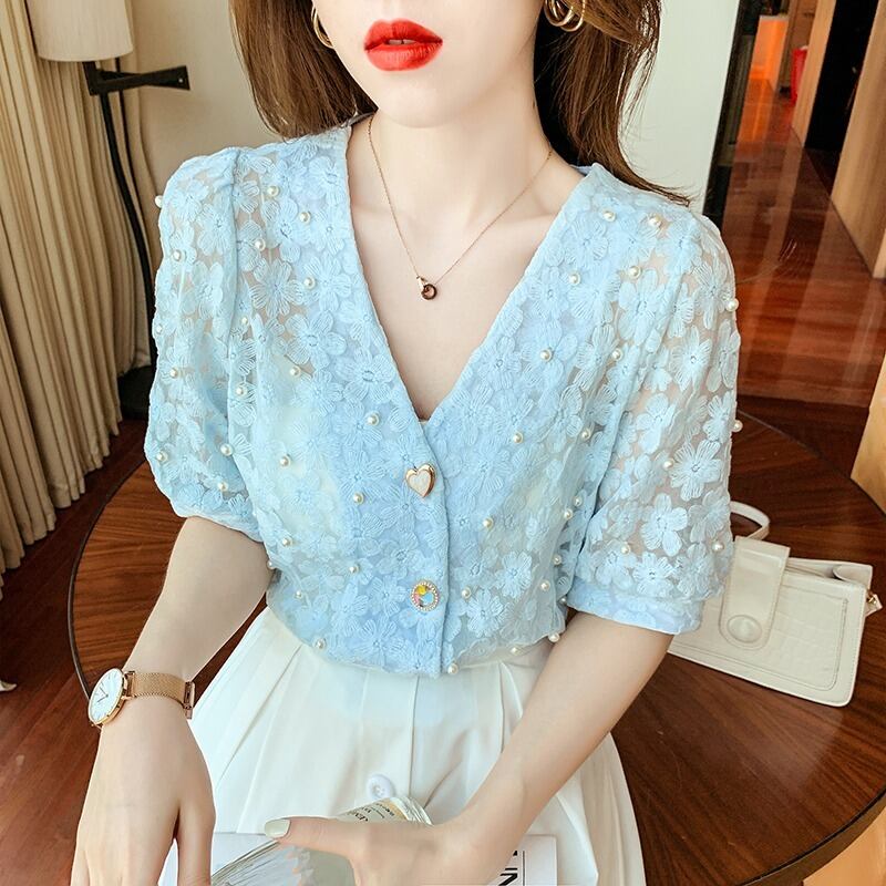 レースシャツ Vネックスリーブソリッド カラートップス レディース 大人ガーリー スウィート キュート カジュアル ソリッドカラー ハンチェンe18677428435