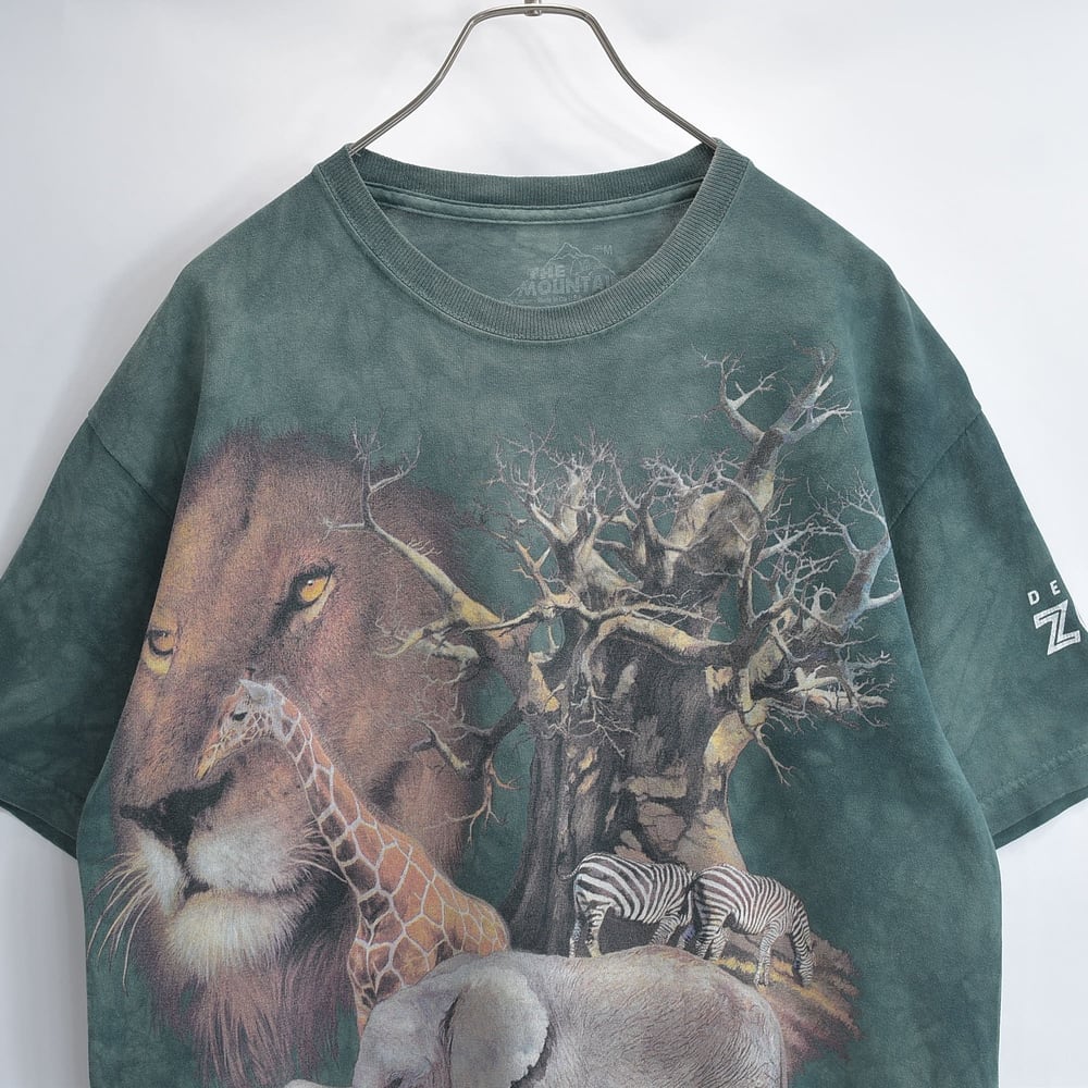 00s THE MOUNTAIN ザマウンテン アニマル Tシャツ デンバーズー ゾウ ライオン キリン タイダイ染め リアルプリント 半袖 カットソー グリーン USED ヴィンテージ ビンテージ 古着 メンズ L相当