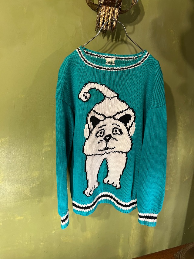 【SOLD】Vintage Peru green × cat animal knit tops ( ヴィンテージ ペルー  グリーン × ネコ ニット トップス )
