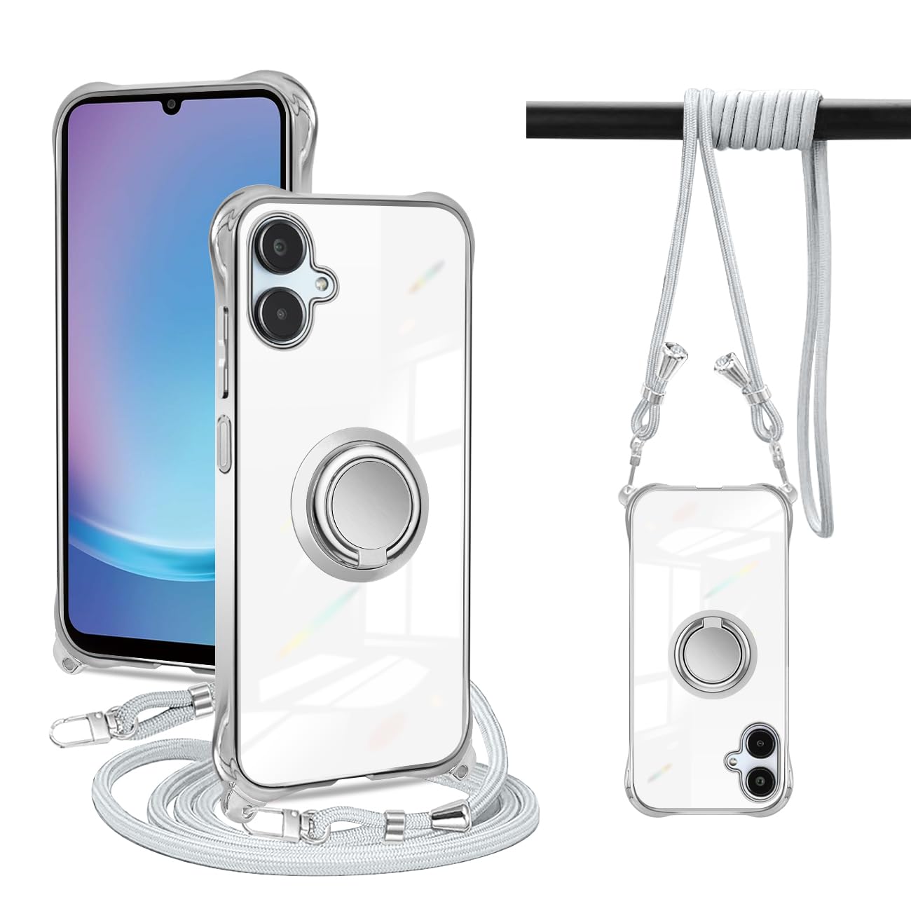 PAILAIMEN Galaxy A25 5G ケース クリア ネック リング付き ショルダー ギャラクシーa25 ケース 耐衝撃 対応 SC-53F SCG33 スマホケース 肩掛け 斜めかけ 縄掛けケース 透明 TPU ストラップ付き 携帯ケース 薄型 軽量 紐付き ネックストラップ ショルダー 肩掛け 縦/横 2WAY 長さ調整可能 取り外し可能 落下防止(シルバー)