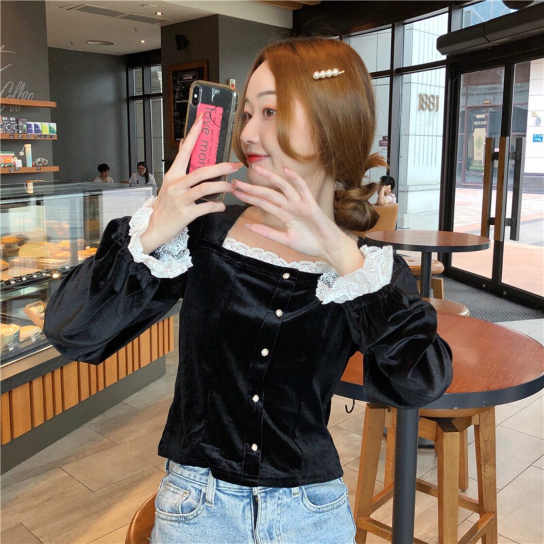 ✞ スタンダードレースベルベットシャツブラウス♡シングルブレスト 美品黒い花柄ベルベット風半袖シャツLLサイズ