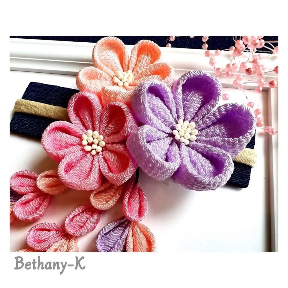 七五三・卒業式に◇大きくて可愛いつまみ細工の髪飾り(下がり付き)◇桃