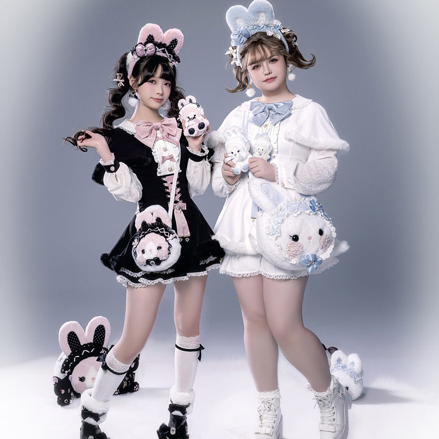 甘ロリ｜うさ耳モチーフのケープ付き4点セット（黒×ピンク／白×ブルー