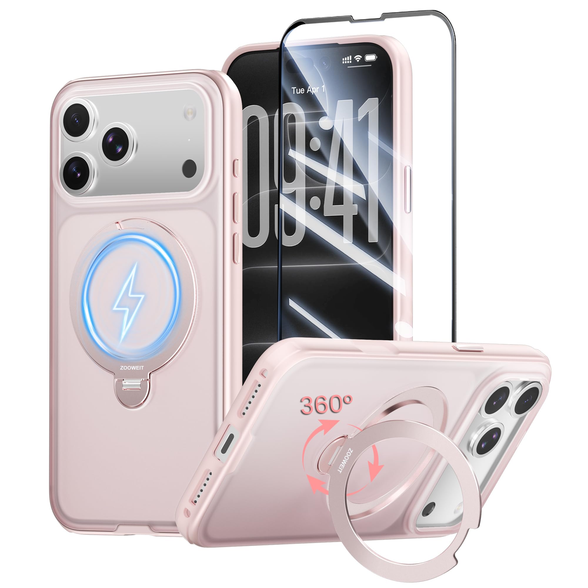 ZOOWEIT iPhone 18 pro/17 pro 用 ケース 【スタンド付き ガラスフィルム搭載】 半透明マット質感 ピンク