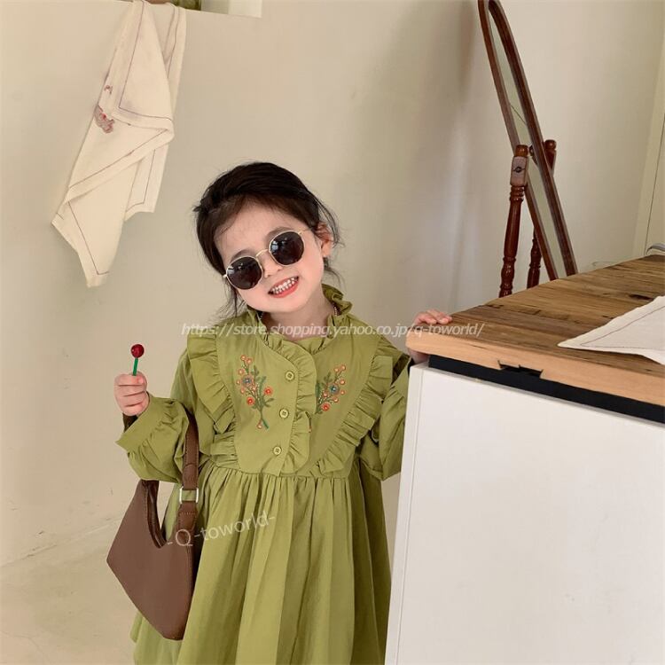 90 130 ワンピース 長袖 ヴィンテージ フリル 女の子 秋冬 子供服 女の子 人気 カジュアル 韓国版 可愛い Q Toworld キュートワールド 子供服