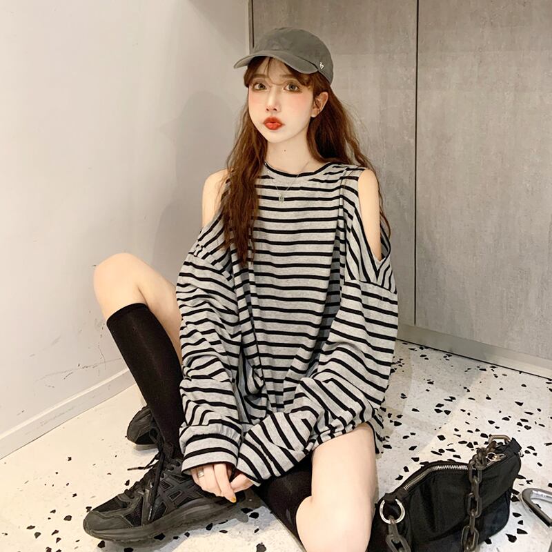 ストライプTシャツ スプリングオータムルーズトップス ロング レッド 春物 秋物 オフショルダー スーパーモール95142920971