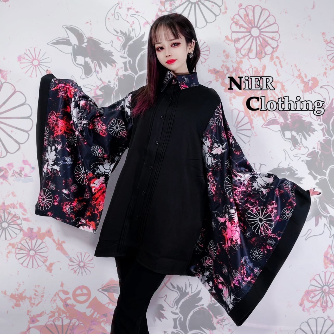 着物風袖ブロッキングシャツ【和柄九尾・赤】 | NIER CLOTHING powered by BASE