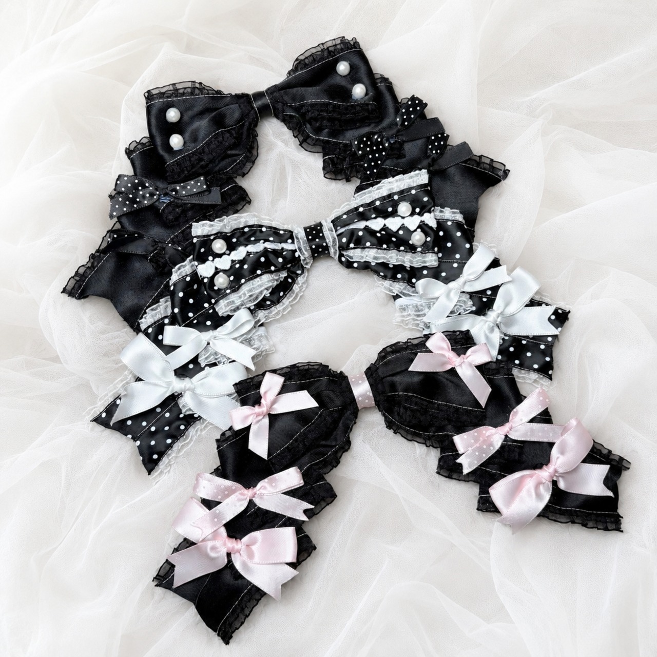 ♡【全10色】ドーリープリンセス パール&ドットサテンリボン 2wayヘアクリップカチューシャ white×pink ♡