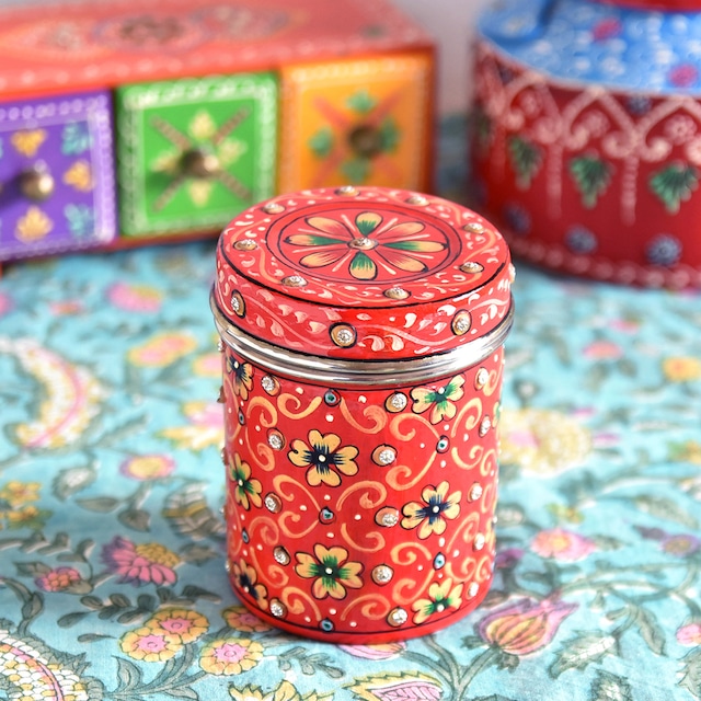 インド ステンレス デコ茶筒(缶型BOX) 直径約 8cm×高さ10cm