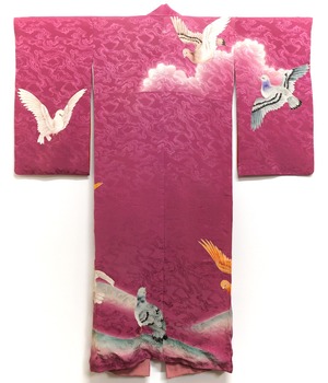 3405 鳥柄 鳩 アンティーク着物 正絹 昭和レトロ ヴィンテージ 古布 和装 和服  ANTIQUE KIMONO JAPAN VINTAGE