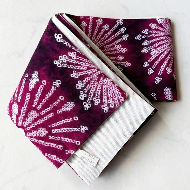 【半幅帯】中紅×葡萄色　花文　手絞り半幅帯　No.240821⑩