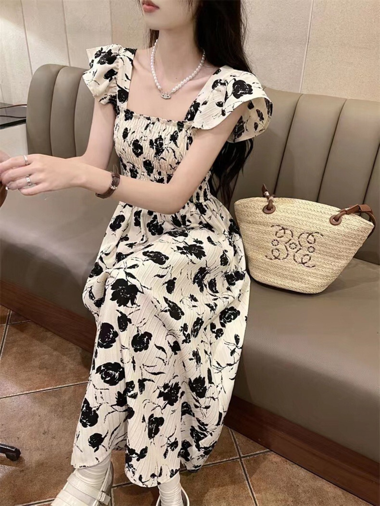 フラワープリントギャザーワンピ D1314