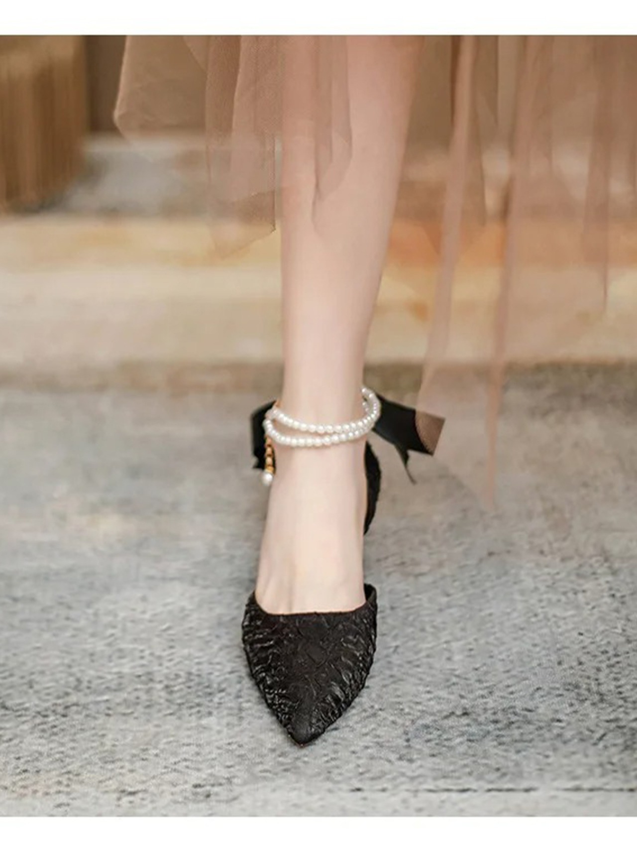 【0298】Pearl Ribbon Satin Pumps Shoes