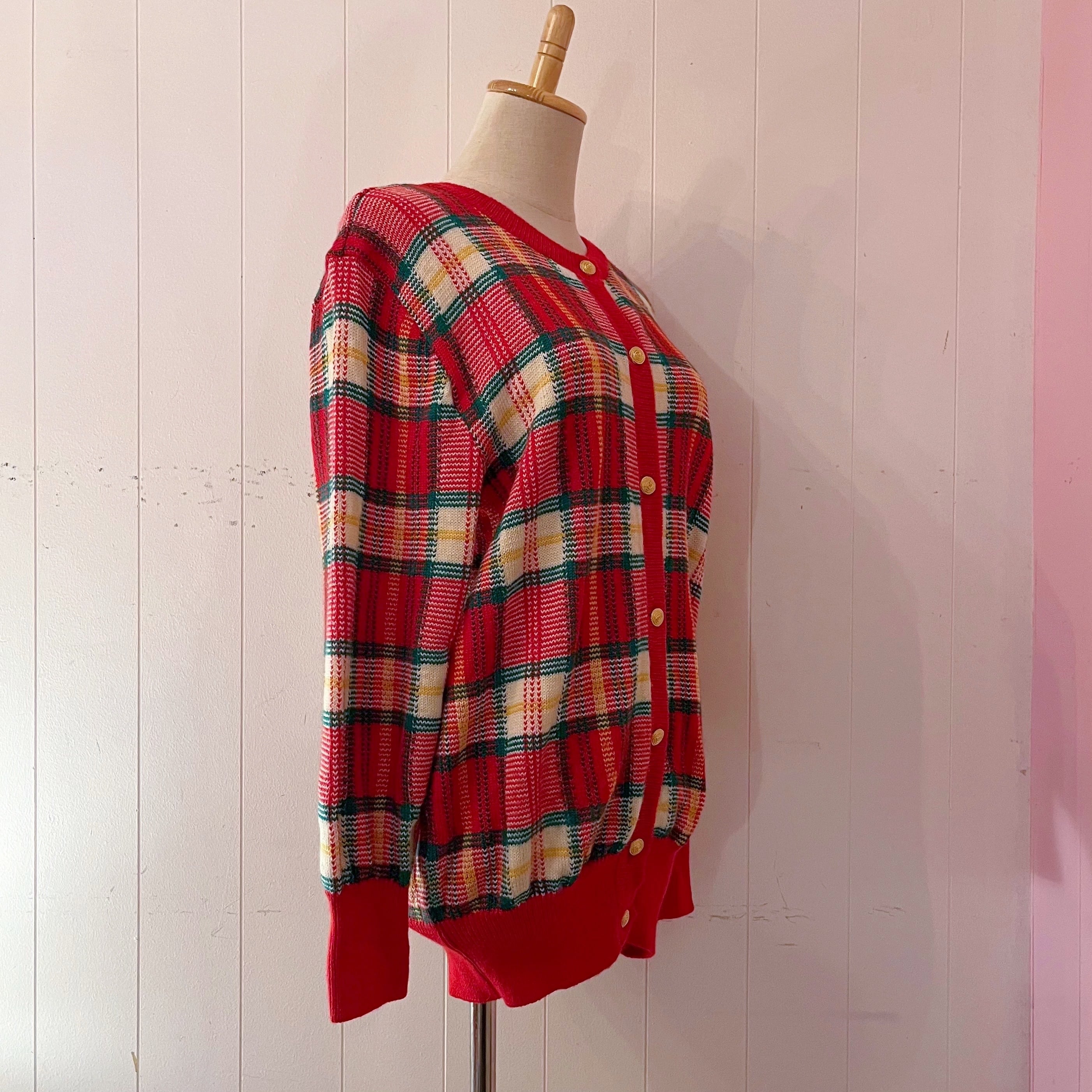red green check knit cardigan