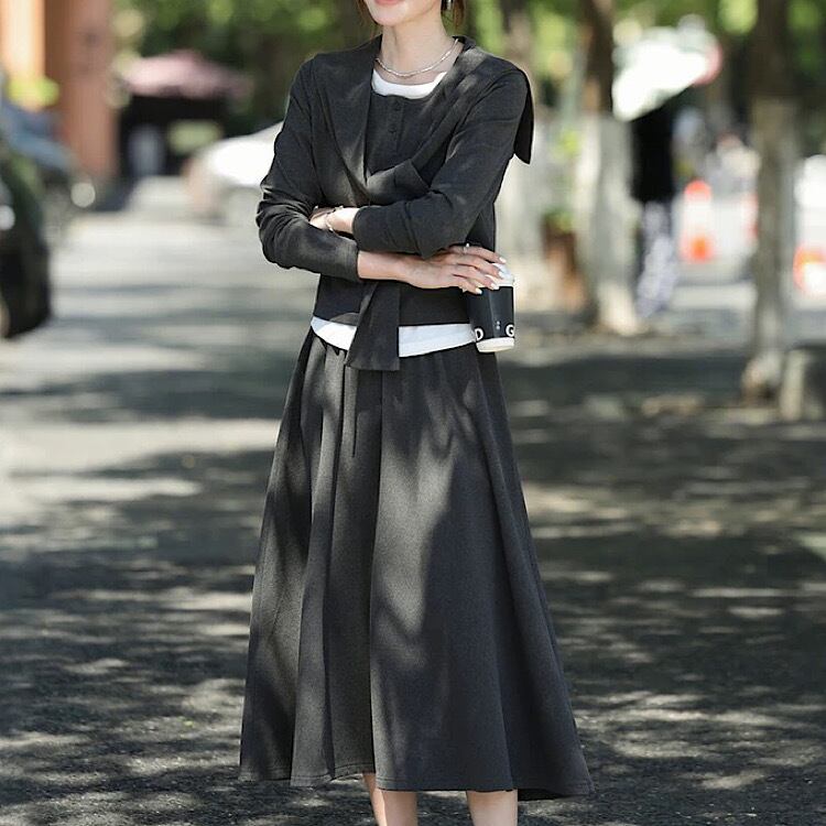 ラウンドネックトップ&ウエストゴムスカート 2点セット YH9535