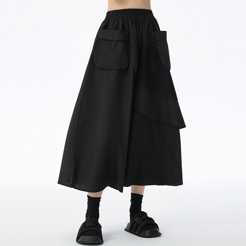 MESH STITCHED FLAP A-LINE MIDI DESIGN SKIRT 2colors M-15141