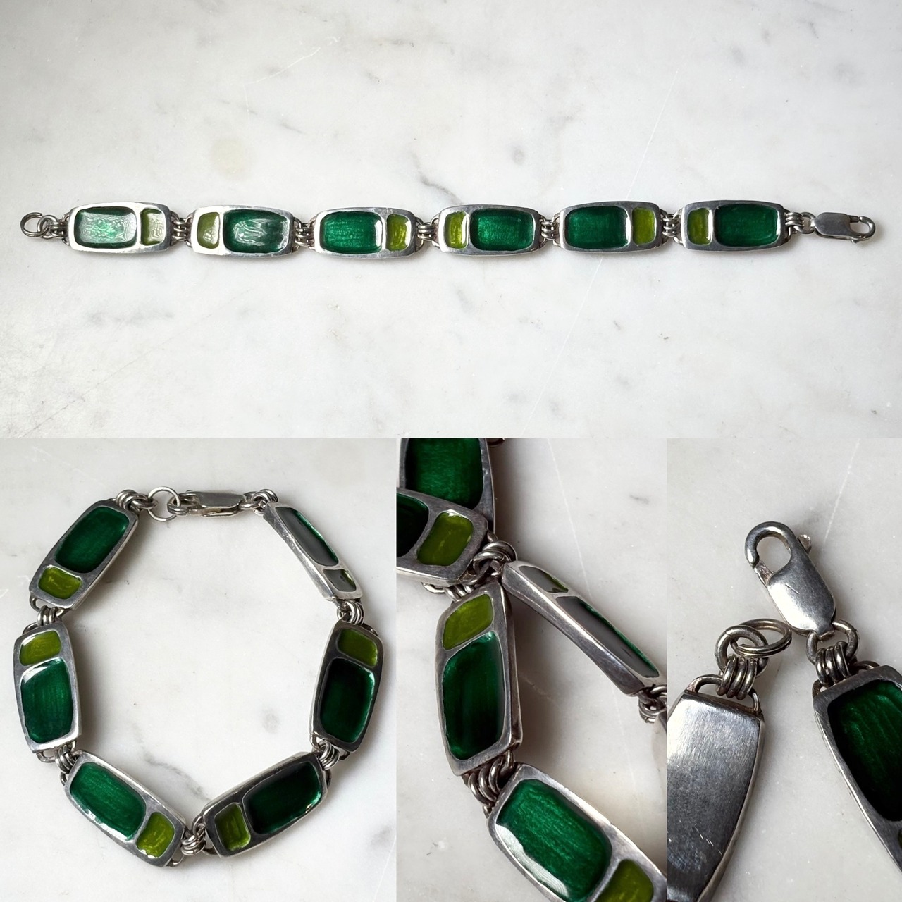 vintage silver green enamel plate link bracelet