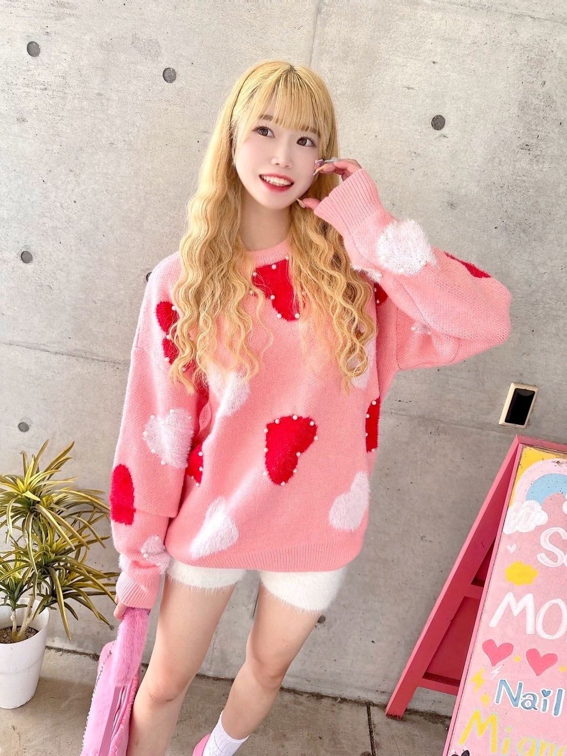 パールハートニット♡韓国/レディースファッション/トップス/ニット/冬/ピンク/赤/セーター