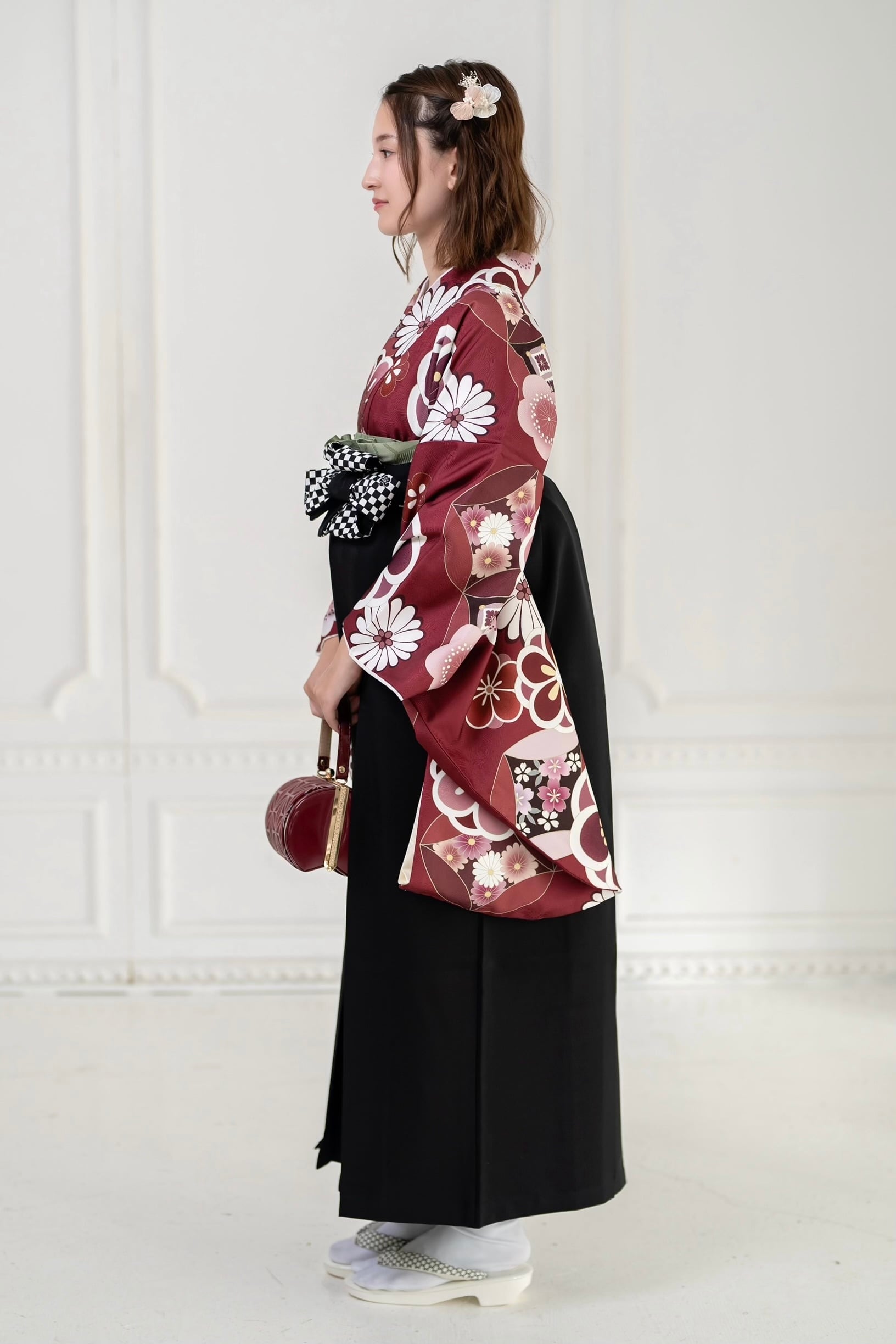 Kimono Sienne 卒業式袴3点セット 赤 二尺袖着物 袴 黒 市松模様