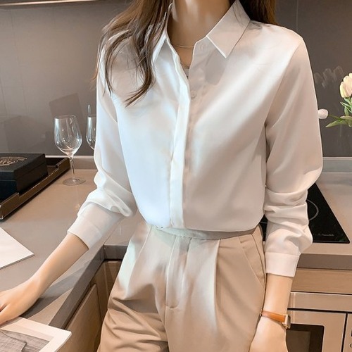 フォーマルシャツ レディース カラバリ4色 ホワイト ブルー シャンパン ライトグレー 長袖 シャツ 長袖シャツ 隠しボタン シフォンシャツ エレガント 大人 サイズ5展開 S M L XL 2XL