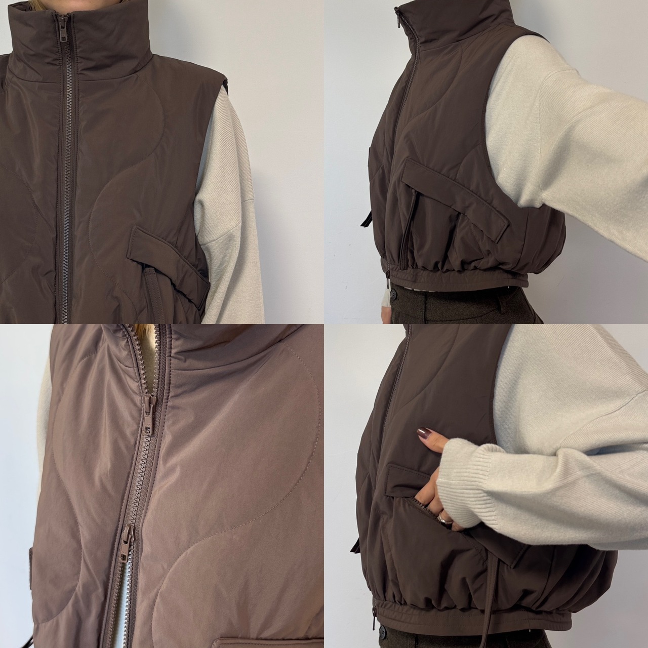 【受注予約1週間】Stand collar wave padded short vest/brown