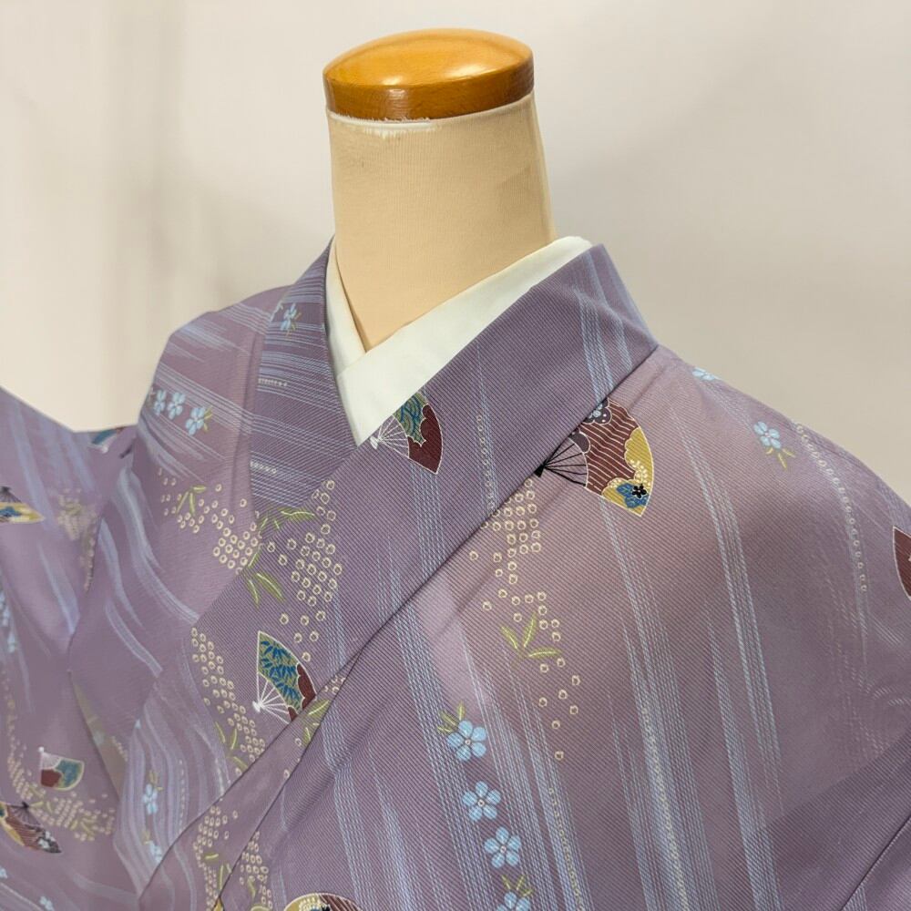 小紋 夏 絽 夏用 洗える着物 裄67cm 身丈160.8cm 花柄 お洒落着 普段着 ポリエステル 紫 美品 L サイズ 5980