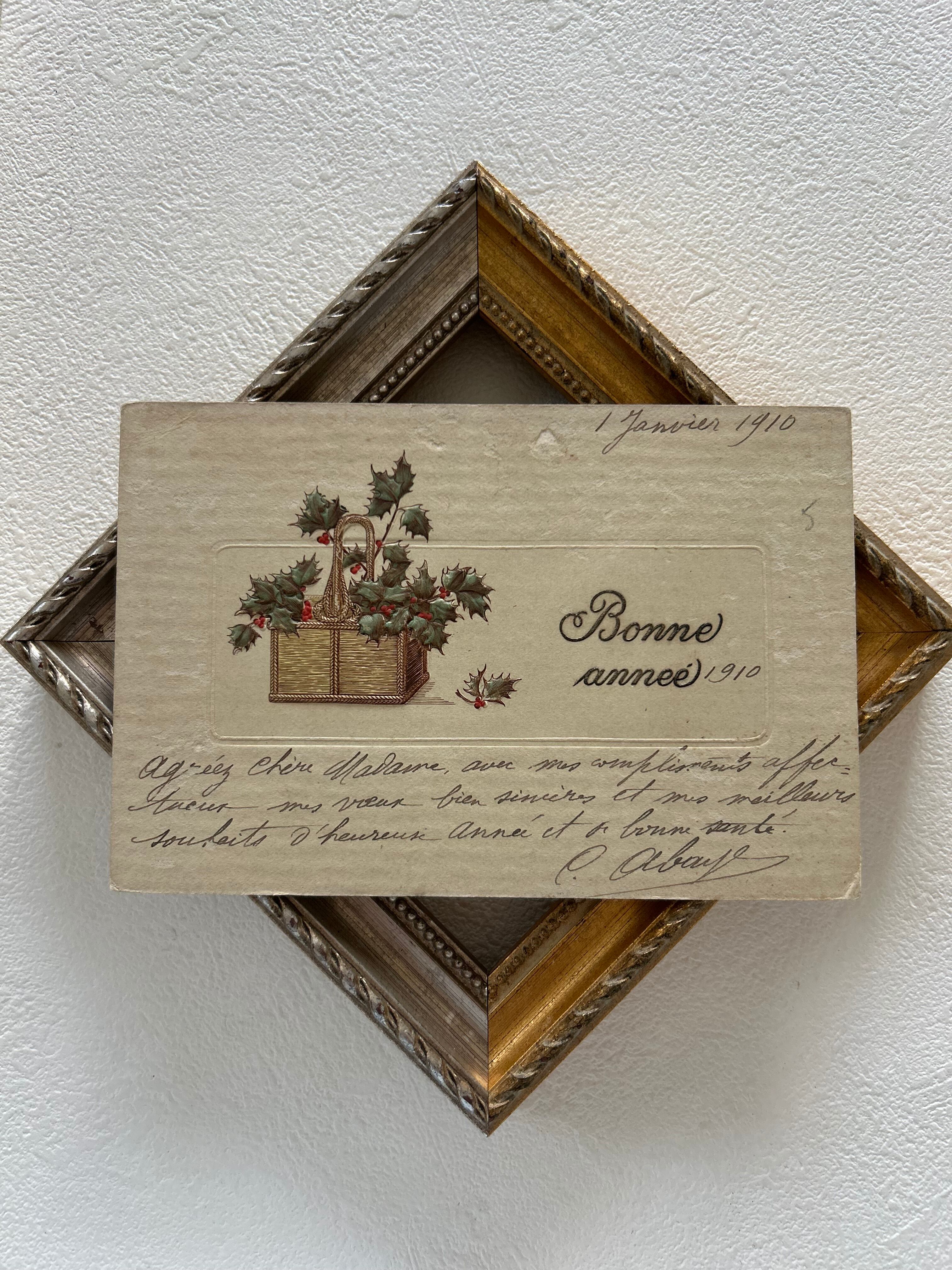 アンティークポストカード Bonne Anee 柊 バスケット Noel 1910年 クリスマス フランス 額装 インテリア コレクション