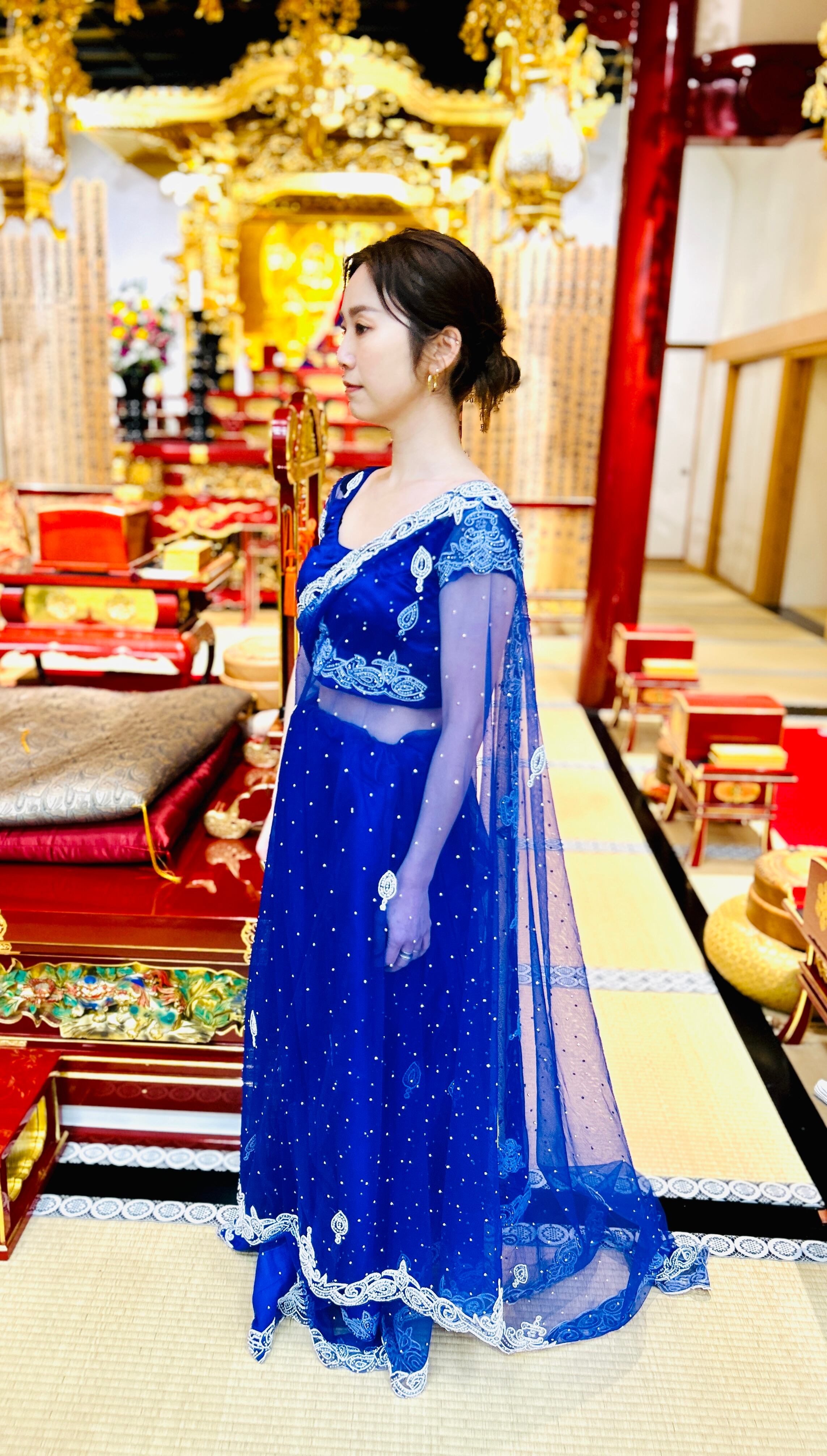 インドサリーペチコートとブラウス3点セット レンタル専用 】 深青が美しいサリー3点セット（サリー・ブラウス