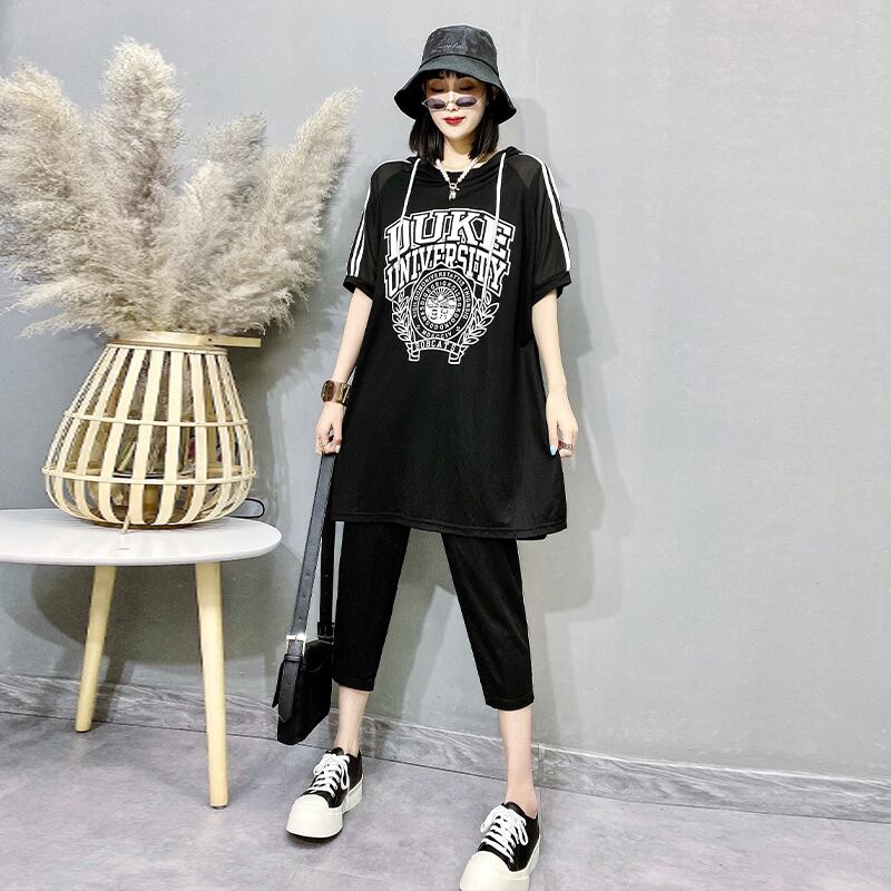 スプリングTシャツ パンツ ブラック 大きめサイズ 春物 ミックスインファッション7171299799