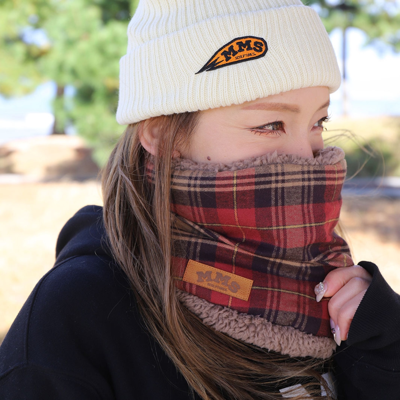 ROBIN NECK WARMER /タータンチェック(RED)&ブラウンファー