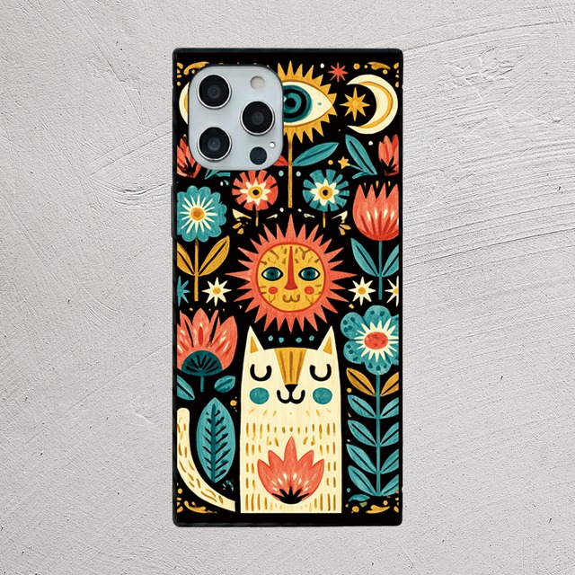受注生産 iPhoneケース 太陽花と黒背景の民芸柄｜花モチーフ PSYF065C